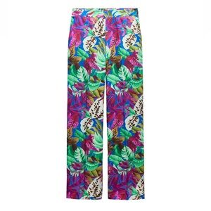 Zara Tropical Leaf Print Straight Leg Pants — Multicolor